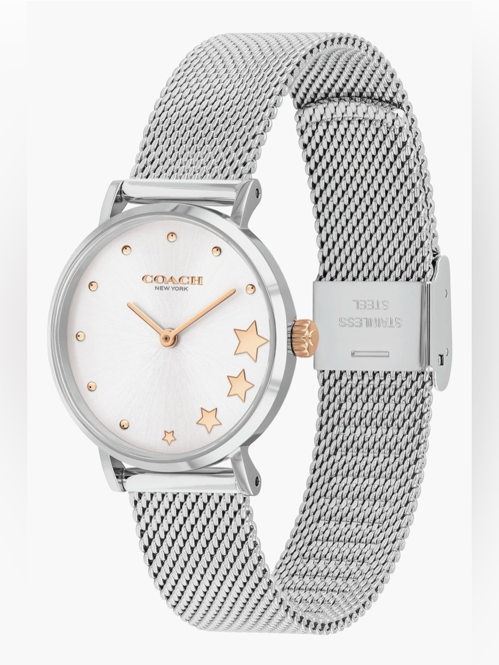 Coach Silver Mesh Watch with Rose Gold Star Details